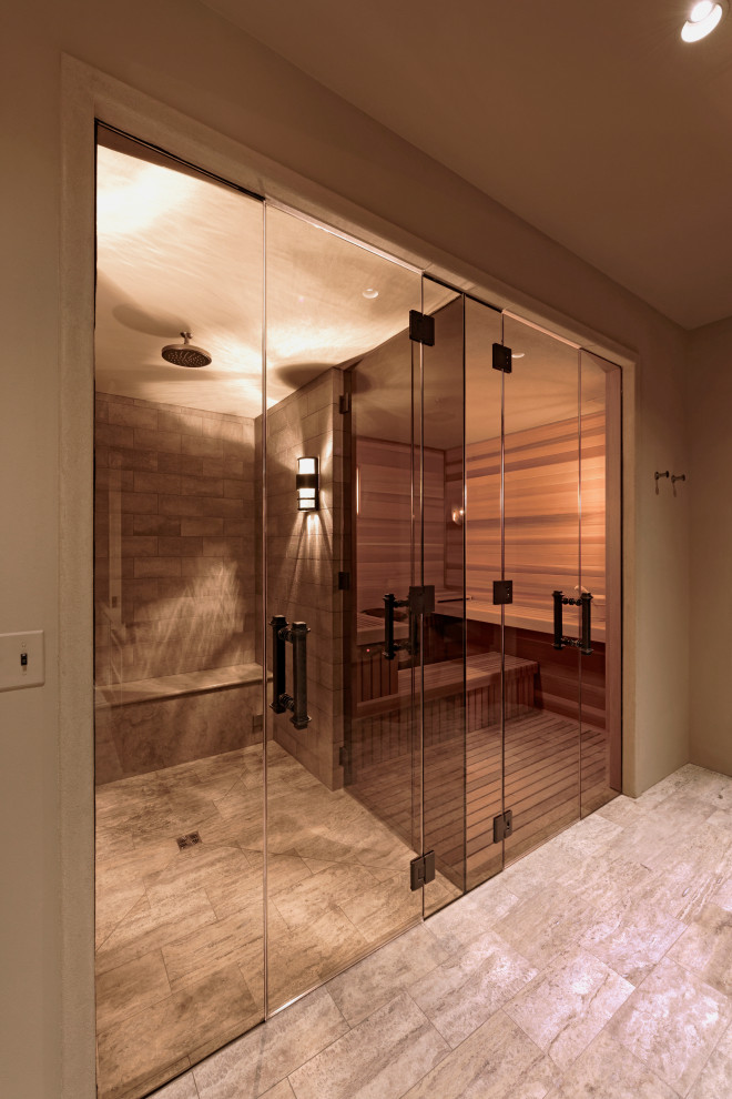 Large transitional ceramic tile and beige floor sauna photo in DC Metro with beige walls