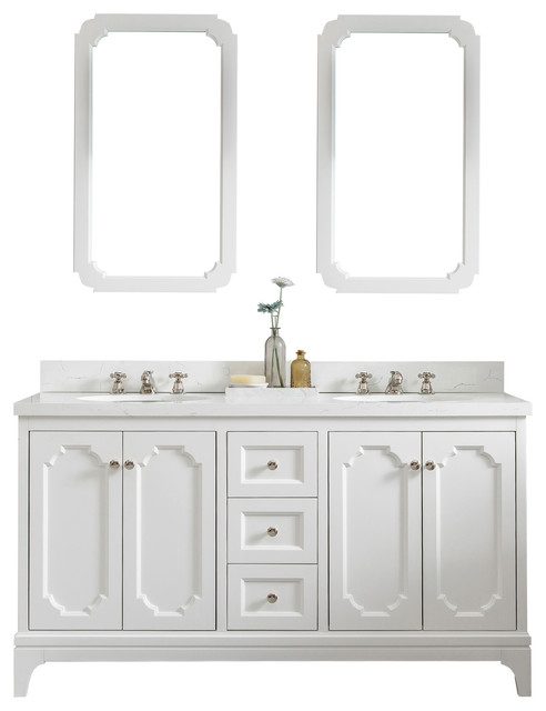 60 Wide Pure White Double Sink Quartz, Charlotte Bathroom Vanity White 60 Quartz Top Single Sink