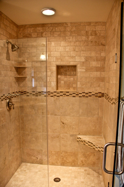 Natural stone walk  in shower  Traditional Bathroom  