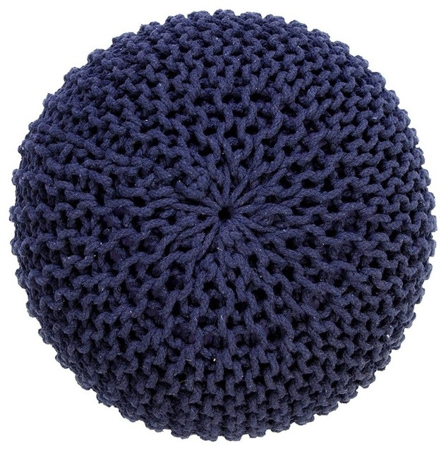 Handmade Round Knitted Pouf, Navy Blue, 20"x14"