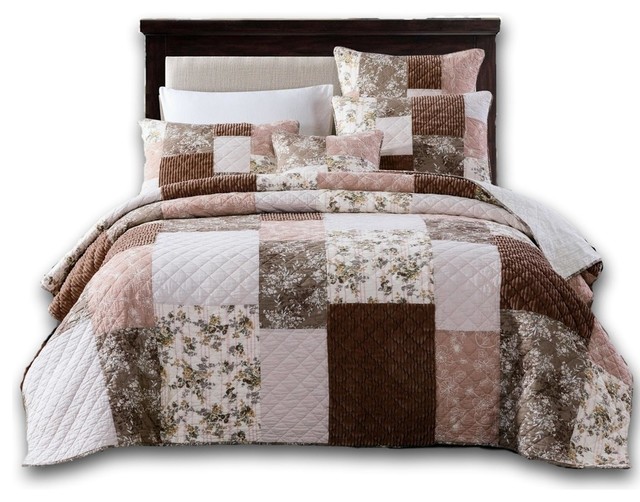 Bohemian Patchwork Dusty Rose Pink Chocolate Brown Floral Bedspread Set Contemporary Quilts And Quilt Sets By Dada Bedding Collection