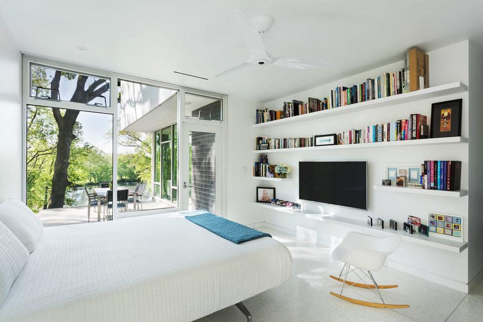 Inspiration for a modern master bedroom in Other with white walls, no fireplace and white floor.