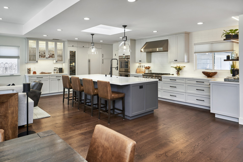 Transitional kitchen in San Francisco with shaker cabinets and with island.