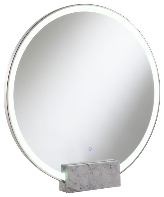 Jocelyn Round Table Top LED Vanity Mirror White Marble Base Chrome Frame Modern Makeup
