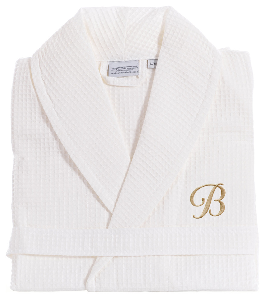 White Unisex Waffle Weave Monogram Bathrobe With Gold Font Contemporary Bathrobes by Linum