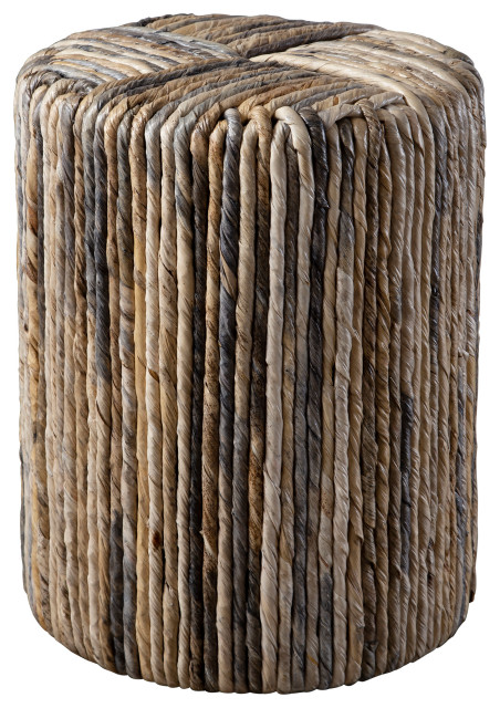 Luxe Twisted Rope Round Drum Stool Table Natural Gray Woven Banana Leaf Coastal