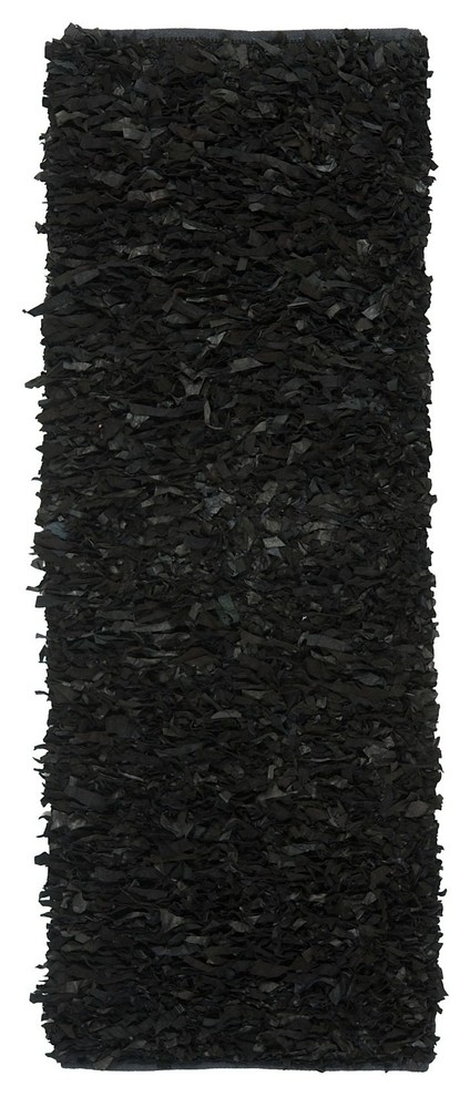 Shag Leather Shag Area Rug, Black, Hallway Runner 2'3"x6'