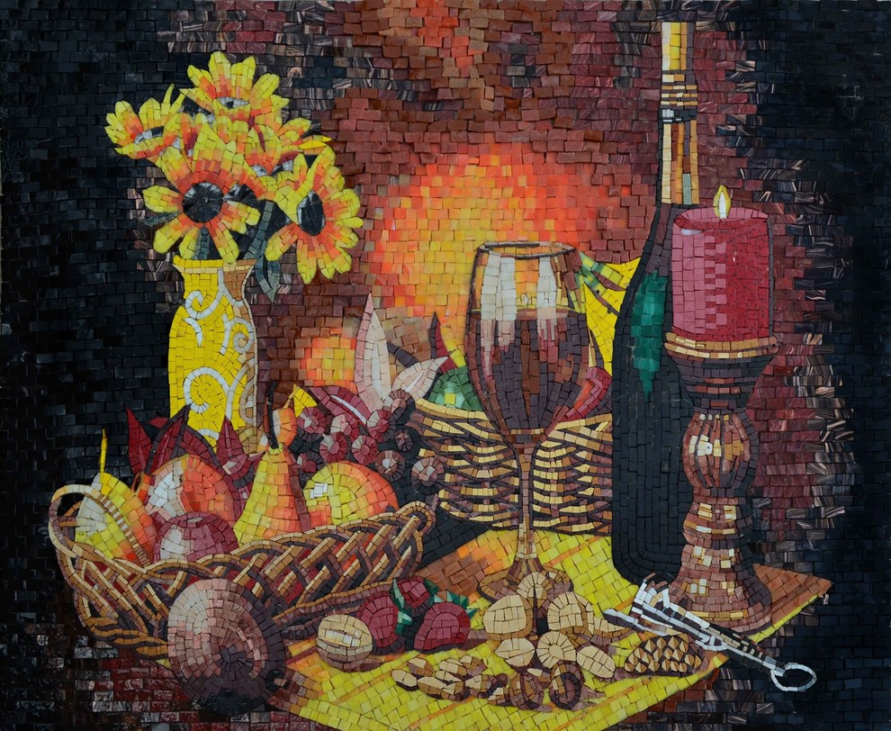 Mosaic Mural, Still Life Wine and Fruits, 36"x46"