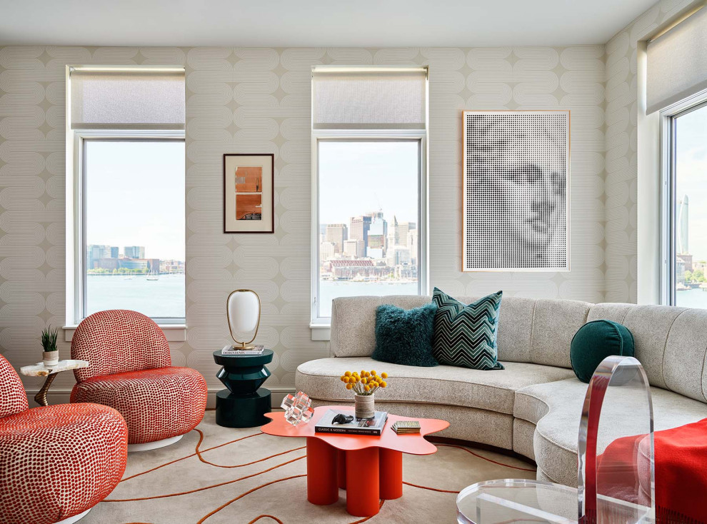 Living room - mid-sized contemporary wallpaper living room idea in Boston with white walls