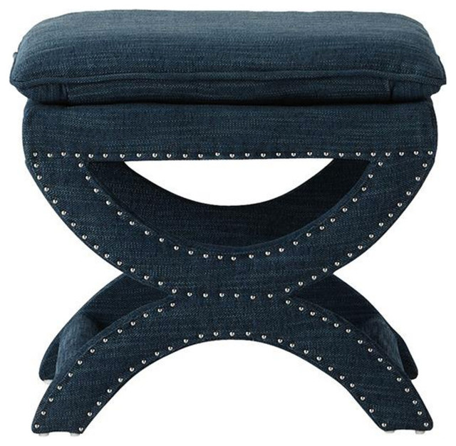 X Frame Accent Vanity Stool, Peacock Woven Fabric