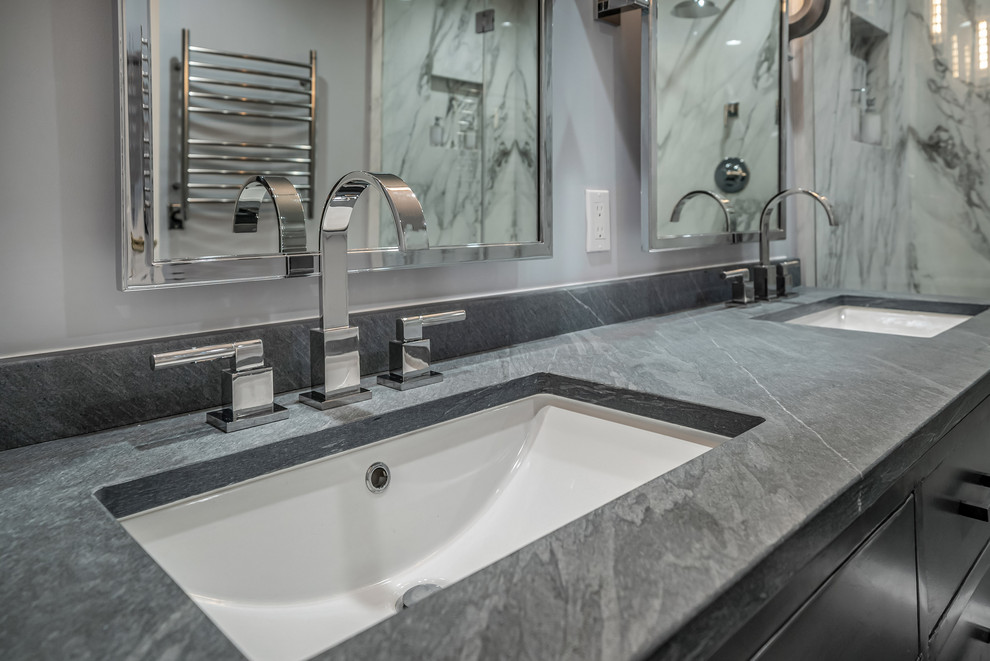 Inspiration for a mid-sized modern master bathroom in Los Angeles with shaker cabinets, grey cabinets, a double shower, a bidet, black and white tile, stone slab, grey walls, porcelain floors, an undermount sink, quartzite benchtops, multi-coloured floor, a hinged shower door and green benchtops.