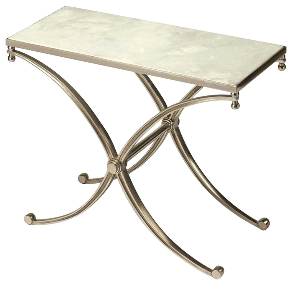 Offex Modern Rectangular White Marble Top End Table with Iron Base Silver Traditional Side