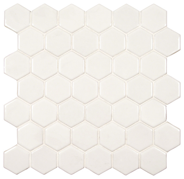 Super White Hexagon Mesh-Mounted Ceramic Mosaic Wall Tile, Sample