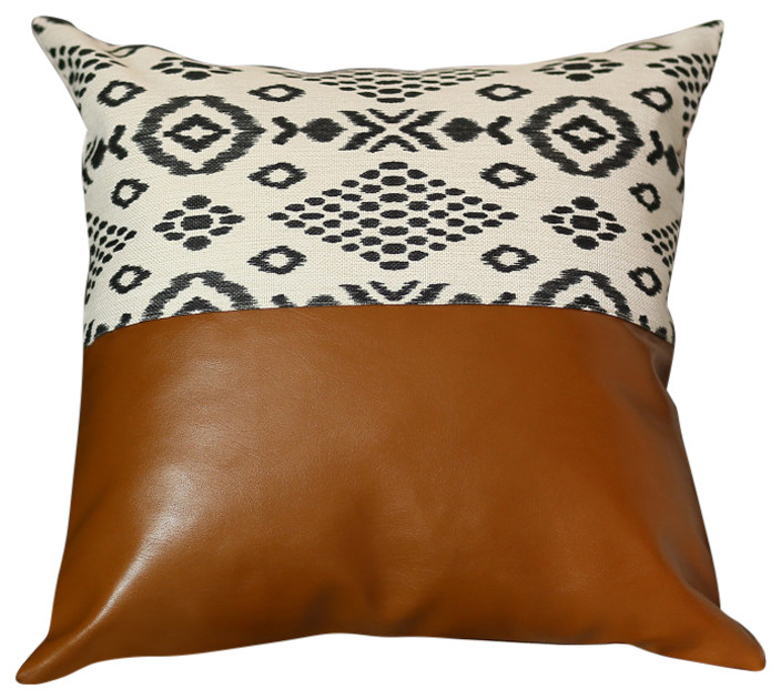 Set Of 2 Semi Brown Faux Leather And Eclectic Geometric Patterns Pillow Covers