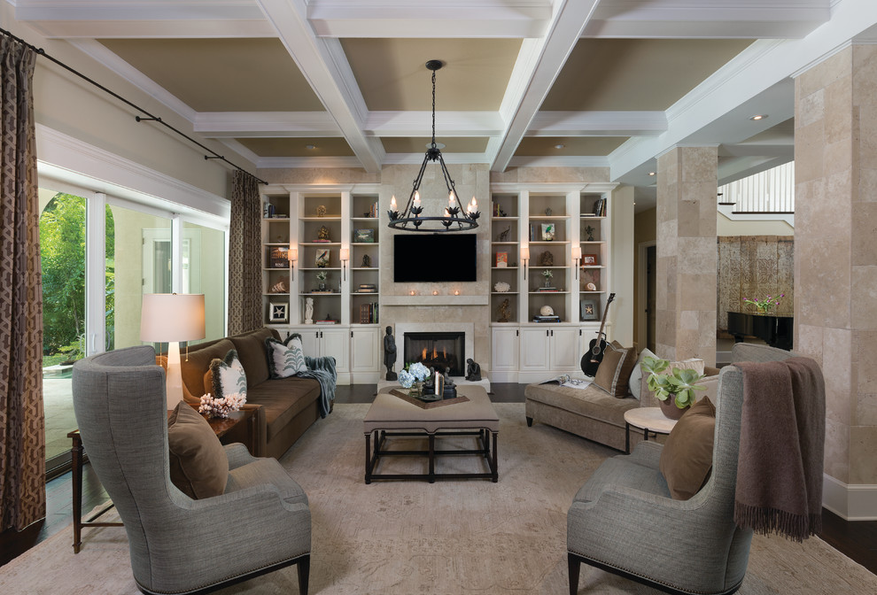 Design ideas for a large transitional formal open concept living room in Tampa with brown walls, dark hardwood floors, a standard fireplace, a stone fireplace surround and a wall-mounted tv.