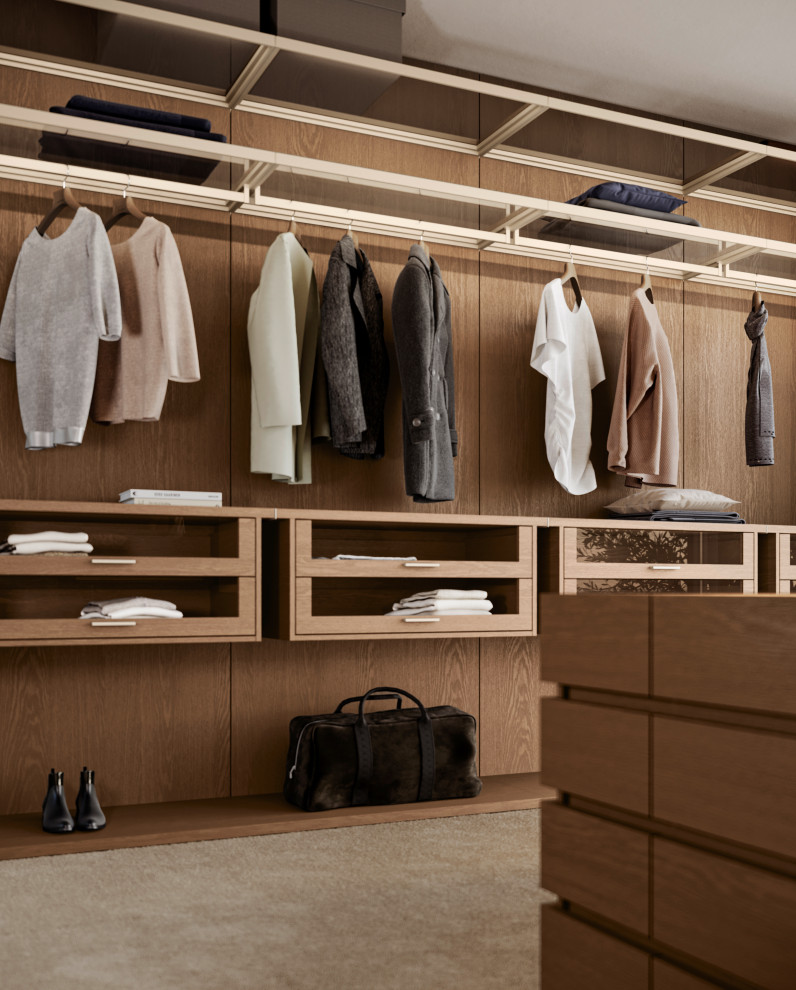 Modern Walkin Closet Incorporates a Mix of Open and Closed Storage