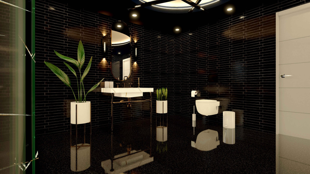 Пример оригинального дизайна: большая главная ванная комната в стиле лофт с открытыми фасадами, желтыми фасадами, отдельно стоящей ванной, душем над ванной, инсталляцией, черной плиткой, керамической плиткой, черными стенами, полом из терраццо, консольной раковиной, столешницей из кварцита, черным полом, душем с раздвижными дверями, белой столешницей, сиденьем для душа, тумбой под одну раковину, напольной тумбой, многоуровневым потолком и панелями на части стены