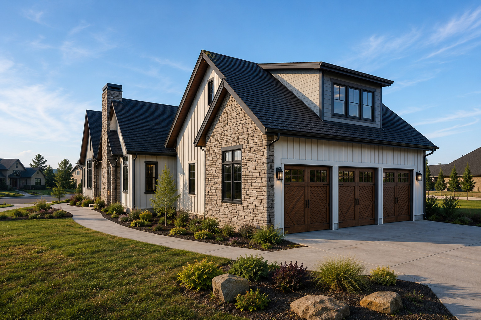 Modern Northwest Garage with Stone and Board & Batten Exterior