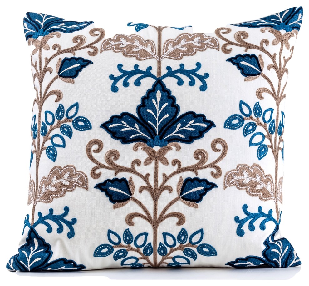 Embroidered blue floral pillow cover, blue and white pillow cover