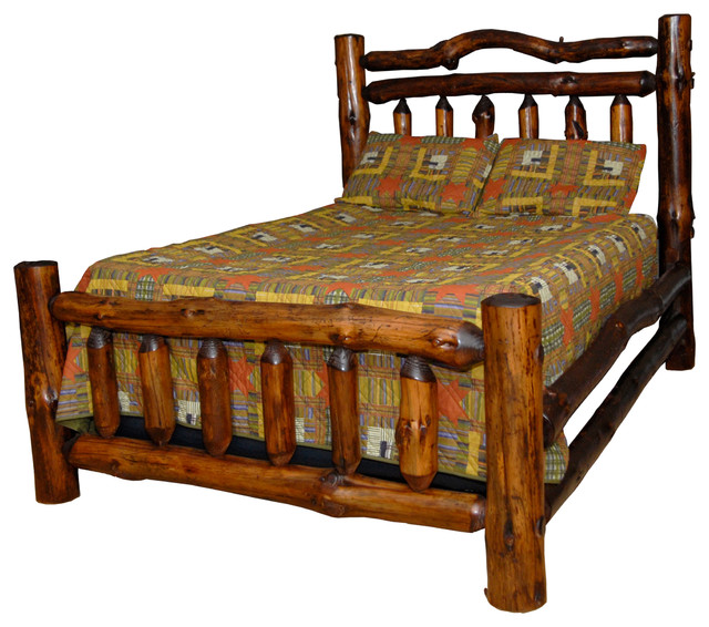 Rustic Pine Log Double Rail Queen Size Bed, Michael's Cherry Stain