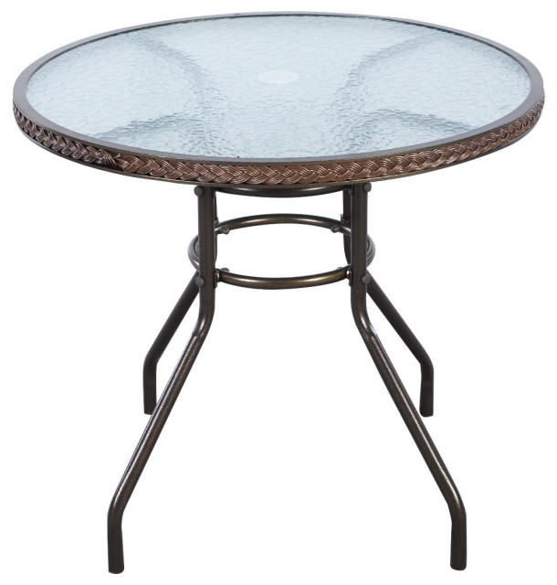 Costway 32 Patio Rattan Round Table Tempered Glass Furniture Outdoor Dining Tropical Tables By Goplus Corp Houzz - 32 Outdoor Patio Round Tempered Glass Top Table With Umbrella Hole