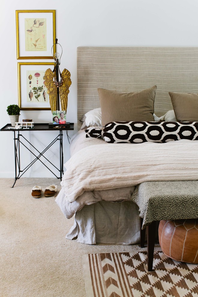 Inspiration for an eclectic carpeted bedroom remodel in Birmingham with white walls