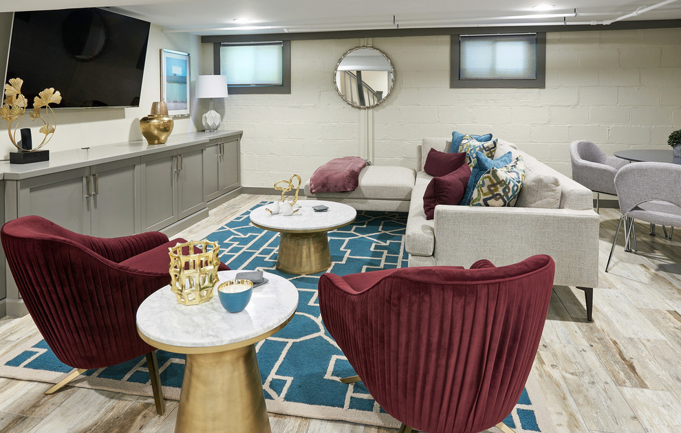 Example of a transitional look-out light wood floor and beige floor basement design in New York with white walls