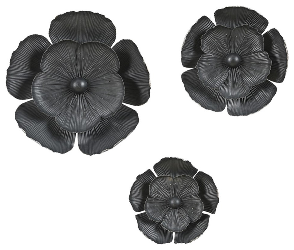 Pemberly Row Modern Metal Flowers Wall Decor in Black with Gold (Set of 3) Contemporary