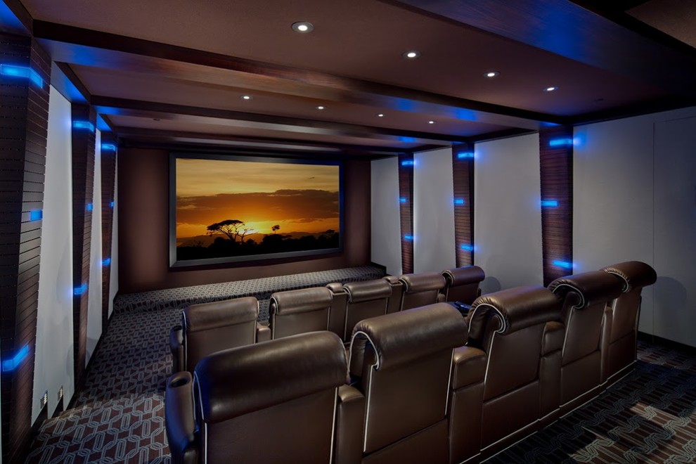Design ideas for a mid-sized traditional enclosed home theatre in Orange County with brown walls, carpet, a projector screen and multi-coloured floor.
