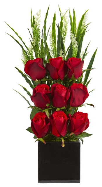 Artificial Flowers Elegant Rose Arrangement In Black Vase