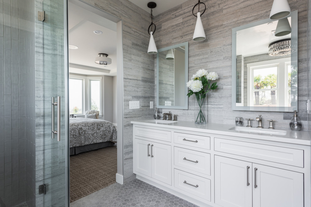 Inspiration for a transitional bathroom in San Francisco with shaker cabinets, white cabinets, gray tile, mosaic tile floors, an undermount sink, grey floor and white benchtops.