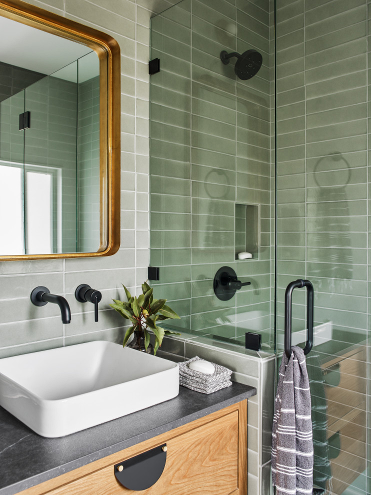 Design ideas for a mid-sized midcentury master bathroom in Atlanta with light wood cabinets, an alcove shower, green tile, ceramic tile, ceramic floors, multi-coloured floor, a hinged shower door, grey benchtops and a niche.