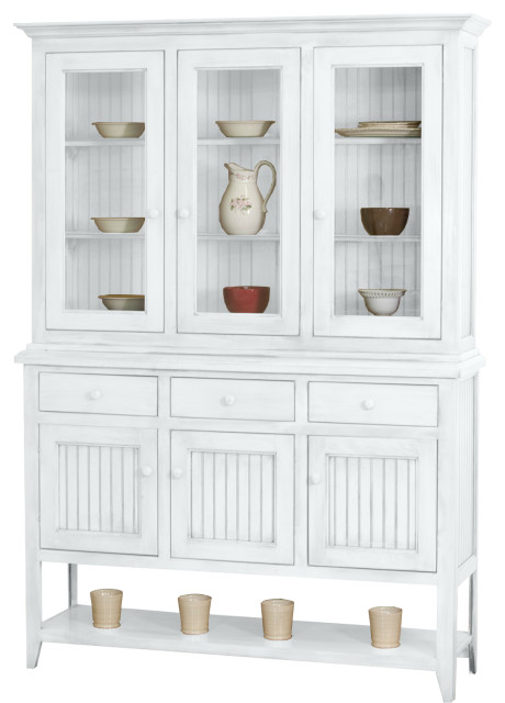 Coastal Dining Hutch and Buffet China Cabinet, European Ivory