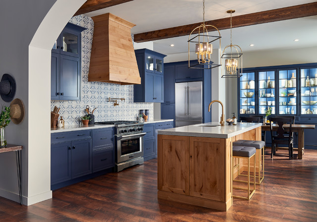 Modern Contemporary Spanish Kitchen In Blue And Rustic Alder