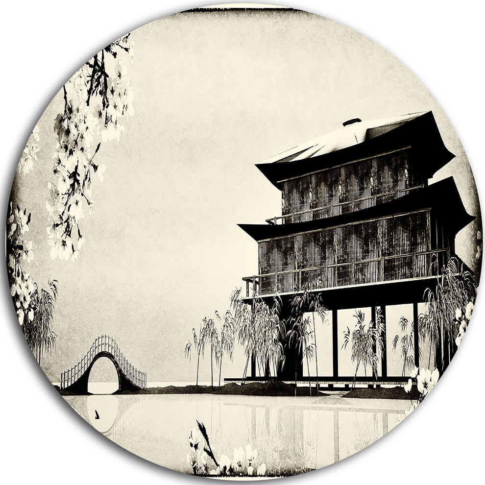 Chinese Ink Painting, Chinese Landscape Round Wall Art Asian Metal