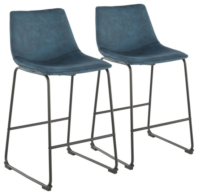 Duke 26" Industrial Counter Stool In Black With Blue Cowboy Fabric And