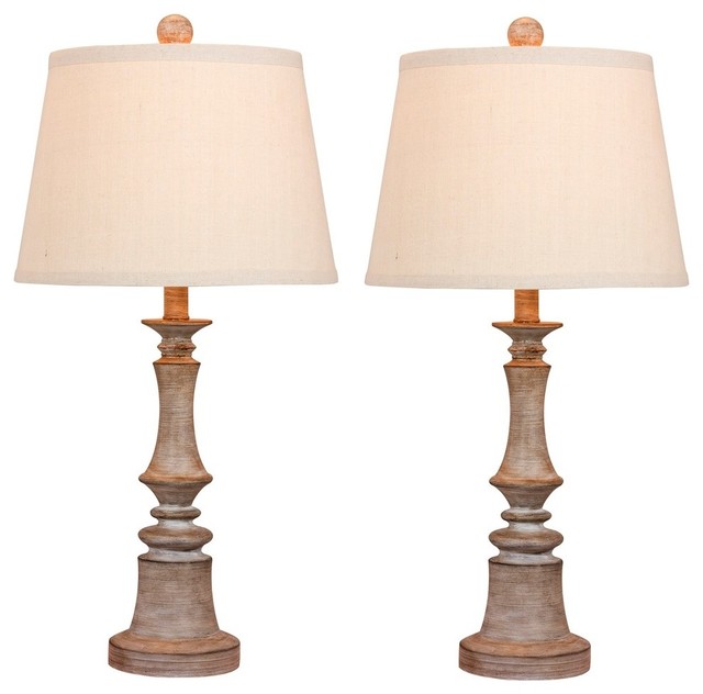 26.5" Candlestick Resin Table Lamp, Set Of 2, Cottage Weathered Gray