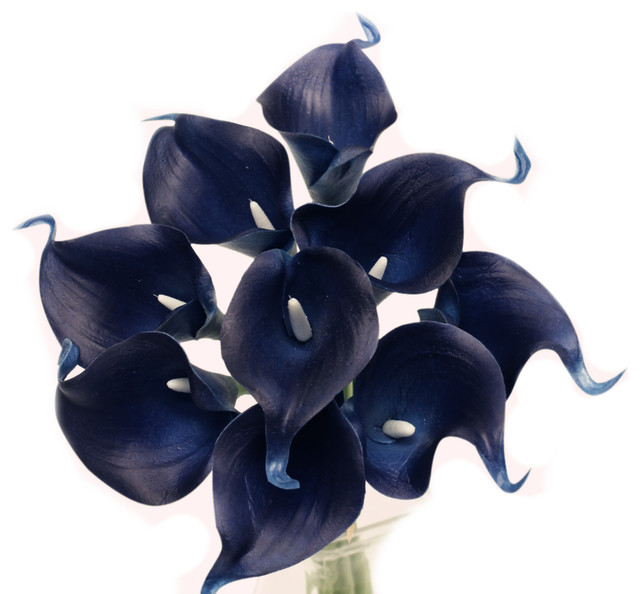 Pack of 10 soft touch lifelike artificial Calla lily, Midnight Blue