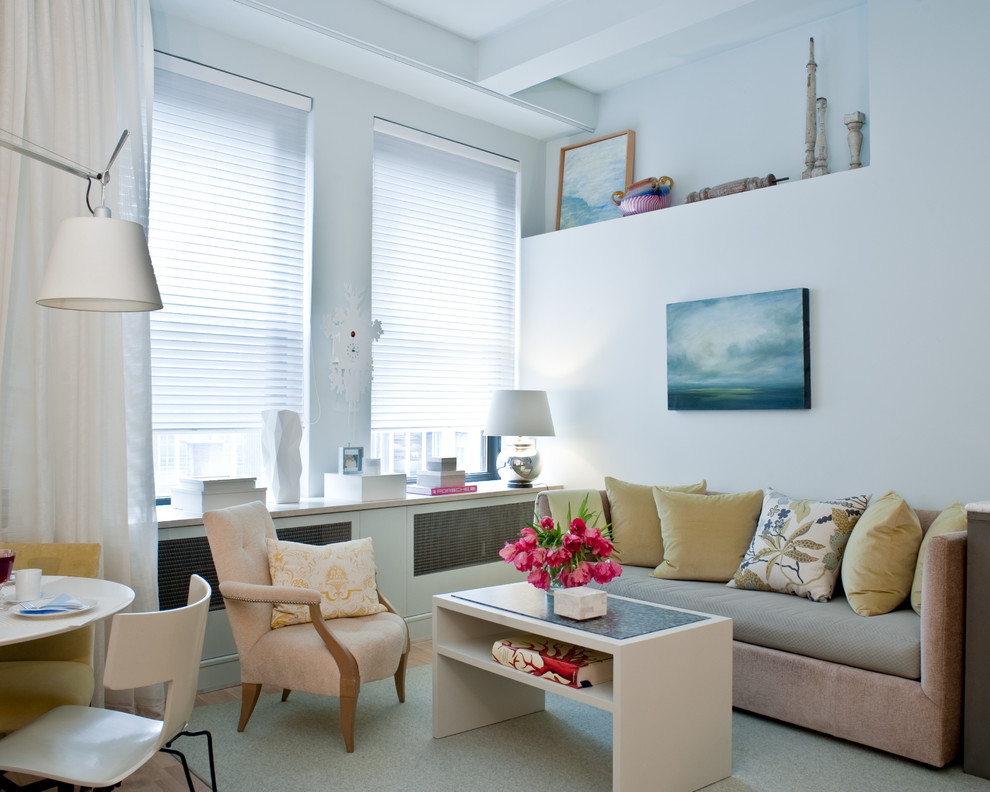 Small trendy loft-style light wood floor and beige floor living room photo in New York with a tv stand