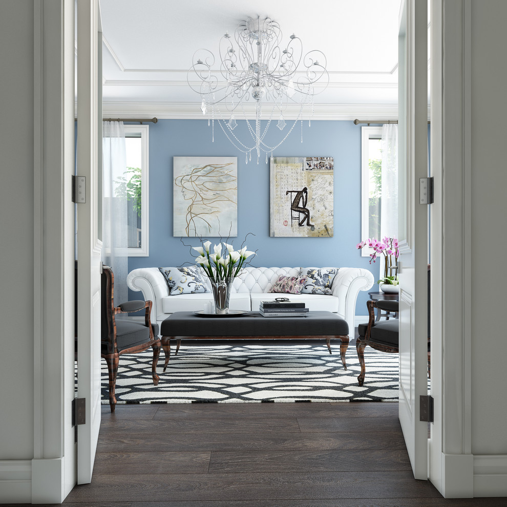 This is an example of a large traditional enclosed family room in Melbourne with blue walls, no tv, dark hardwood floors and brown floor.