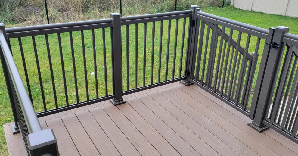 Design ideas for a medium sized modern back ground level metal railing terrace in Ottawa with skirting and no cover.