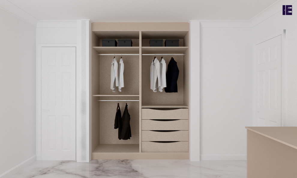 Photo of a small modern storage and wardrobe in London with flat-panel cabinets, beige cabinets, marble floors, multi-coloured floor and wood.