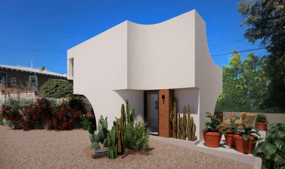 Idee per la micro casa bianca contemporanea a due piani di medie dimensioni con rivestimento in stucco e tetto piano