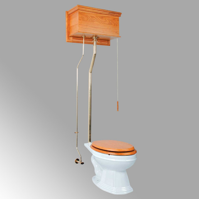 Light Oak High Tank Pull Chain Toilet White Elongated Toilet Bowl Brass ...