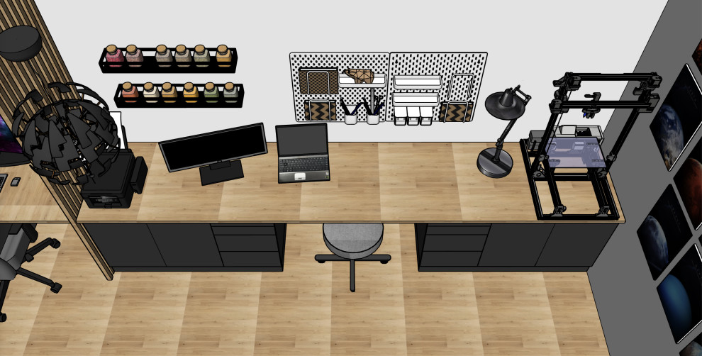Aménagement d'un bureau atelier contemporain de taille moyenne avec un mur blanc, parquet clair, un bureau intégré et un sol beige.