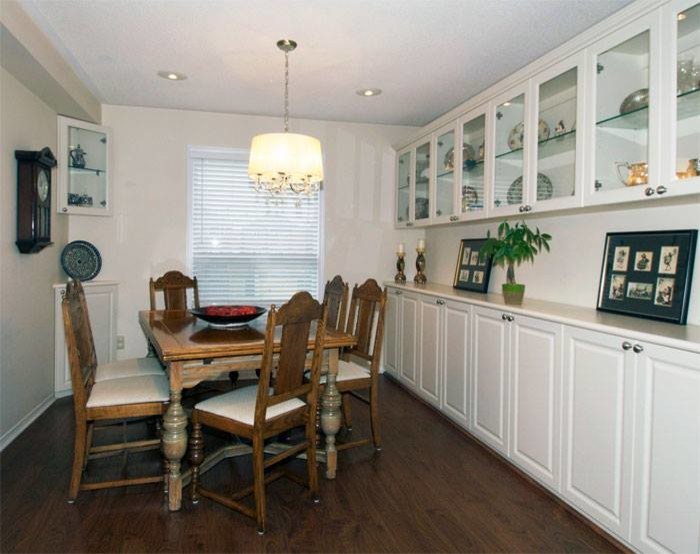 Inspiration for a mid-sized transitional dark wood floor and brown floor enclosed dining room remodel in Toronto with white walls