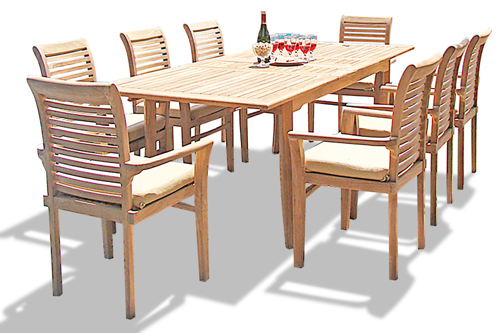9 Piece Outdoor Teak Dining Set 94 Rectangle Table 8 Mas Stacking Arm Chairs