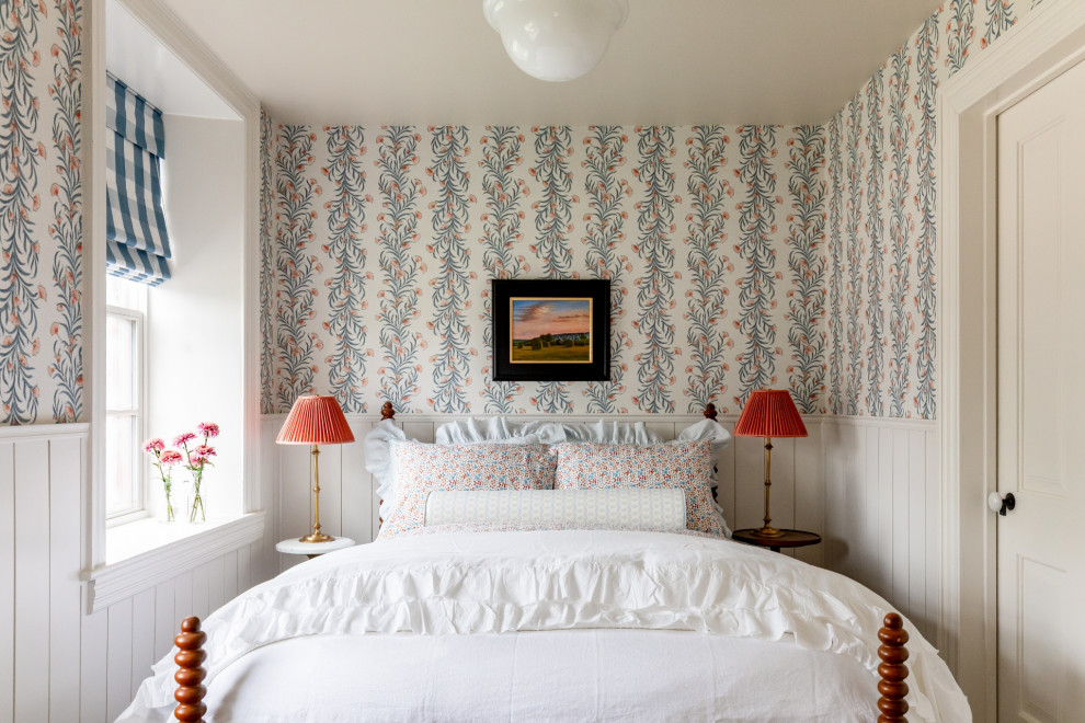 Example of a farmhouse wainscoting and wallpaper bedroom design in Salt Lake City with multicolored walls