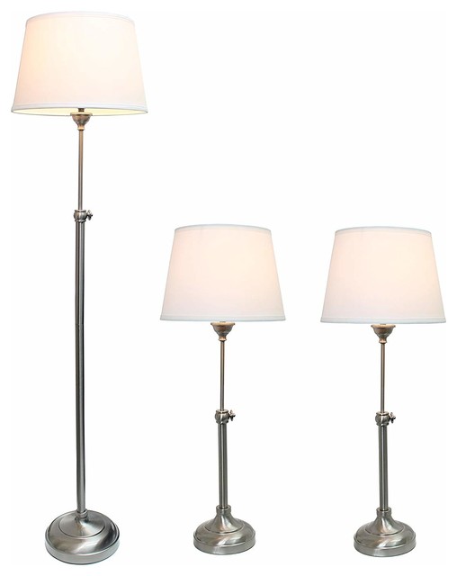 Brushed Nickel Adjustable 3Pack Lamp Set, 2 Table Lamps, 1 Floor Lamp