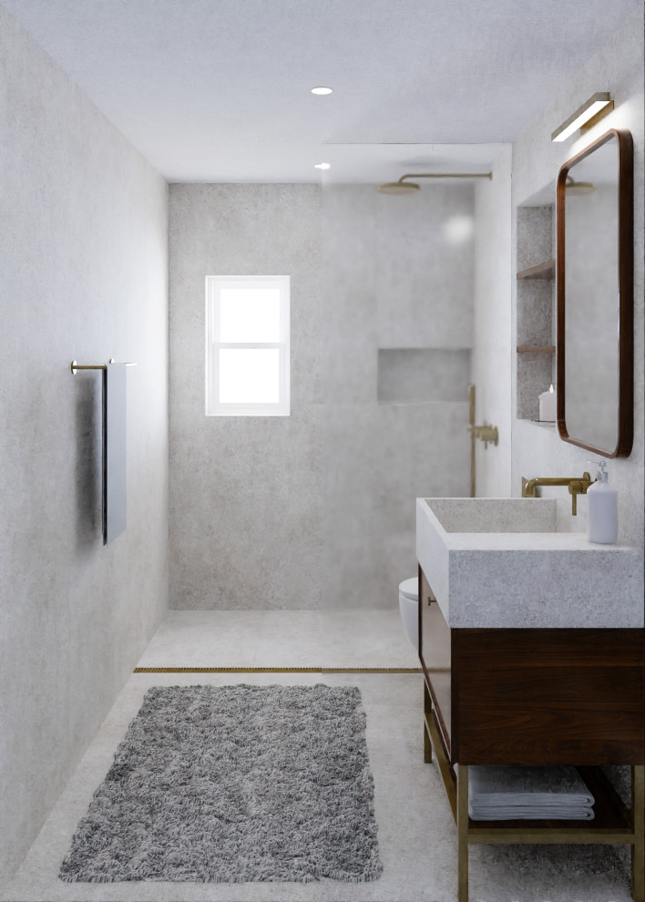 Photo of a small modern master wet room bathroom in New York with flat-panel cabinets, dark wood cabinets, a wall-mount toilet, beige tile, stone slab, black walls, a trough sink, soapstone benchtops, an open shower, beige benchtops, a single vanity and a freestanding vanity.